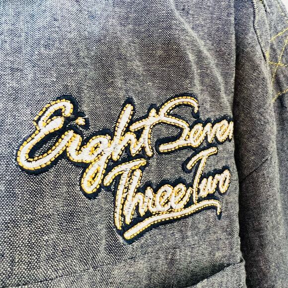 Eight 732 Button Up Denim Shirt 3XL Mens Blue Hip Hop Embroidered Streetwear New - Picture 9 of 10